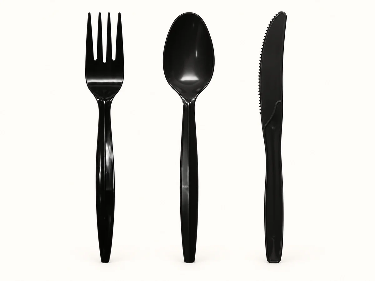 Black disposable fork, spoon and knife