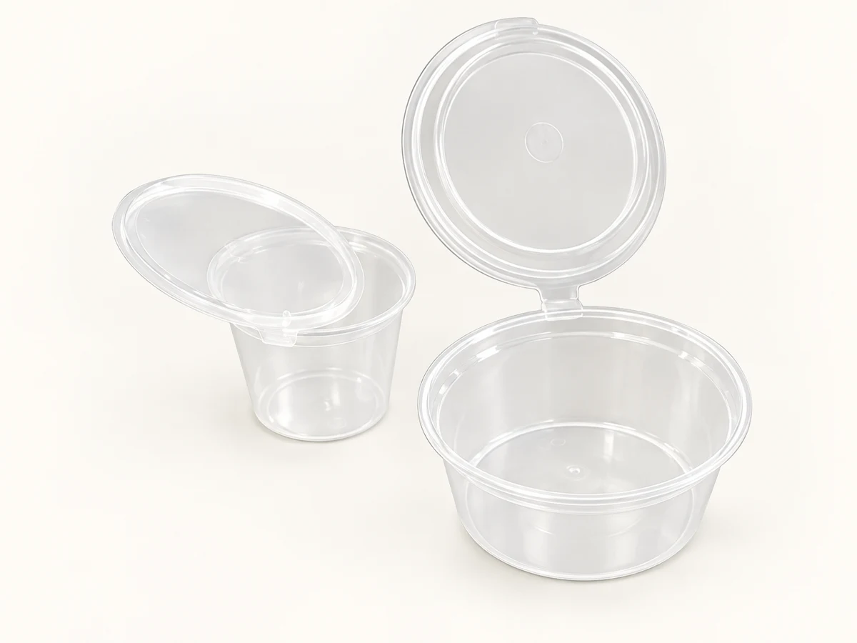 Clear sauce cups with attached lids